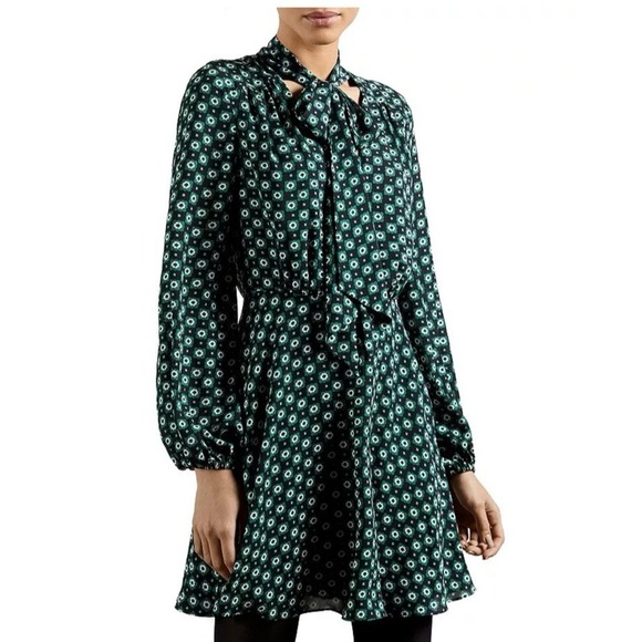Ted Baker Dresses & Skirts - Ted Baker Dress Womens 2 US 4 Printed Neck Tie Long Sleeve Cinch Waist Mini